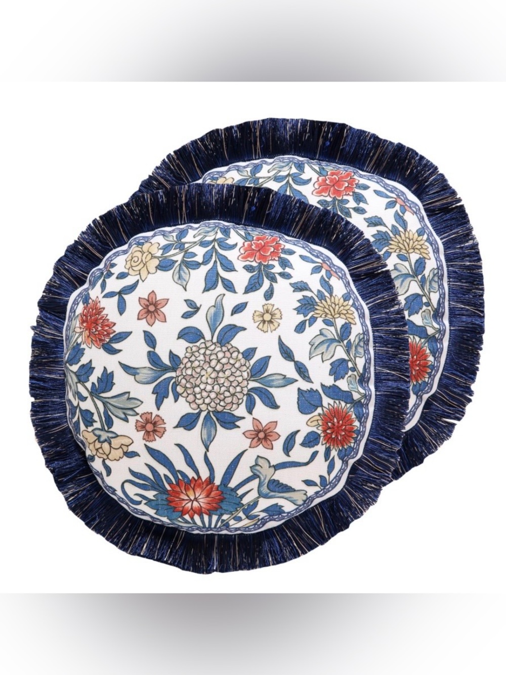 Euro Elegant Linen Chinoiserie Pillow Covers with Fringe 16” - BLUE (2-Pack)